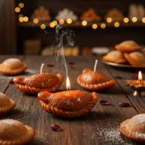 "unique indian wedding favor: gujiya shaped candle | sweet treat look alike for celebration decor"